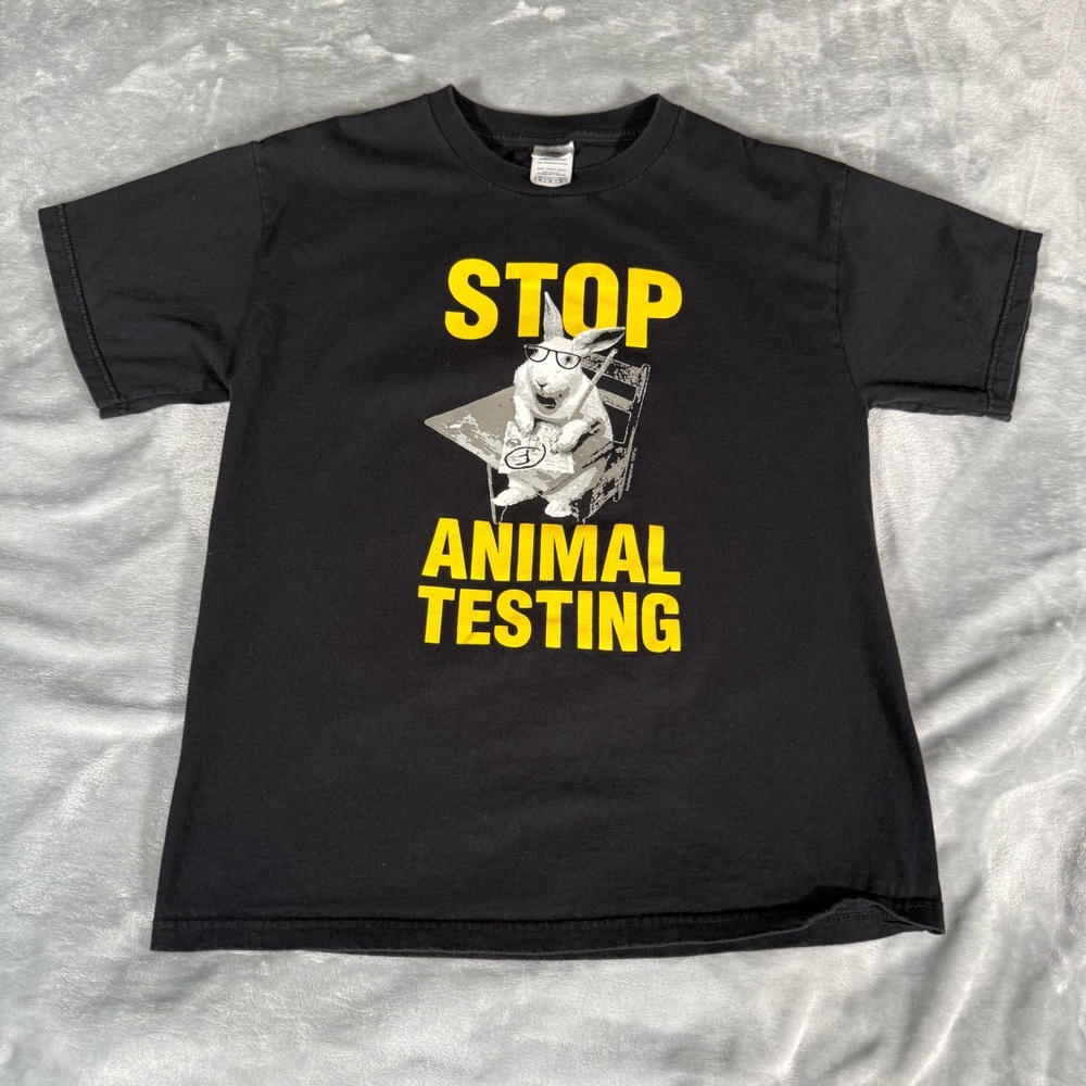 Vintage Stop Animal Testing T Shirt Mens M Slim Cropped Fit Parody Funny Y2K